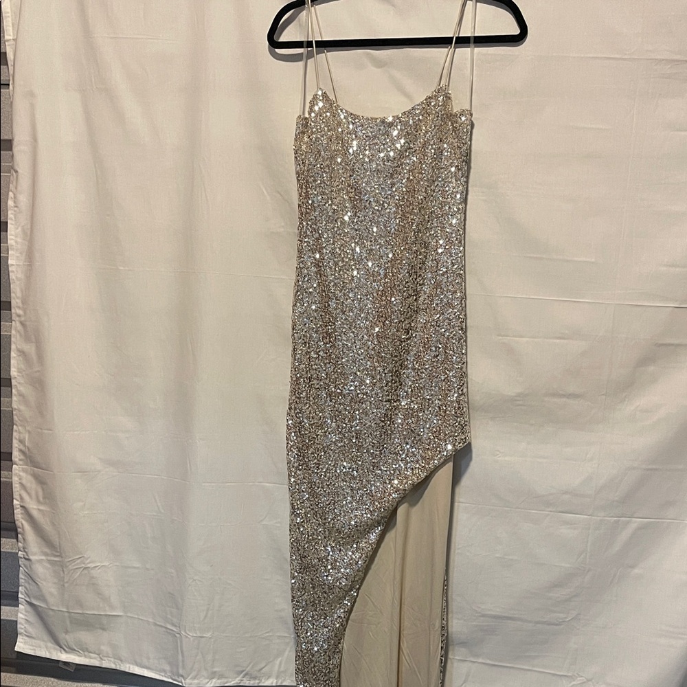 Glamorous Asymmetrical Sequin Dress in Silver